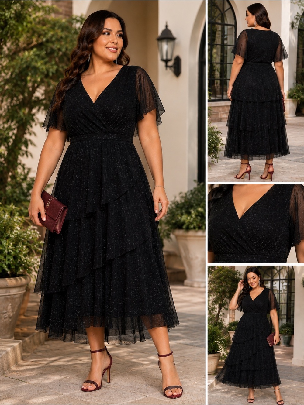 Ember Women’s 2X Black Glitter Midi Dress Tiered Flutter Sleeve NWT